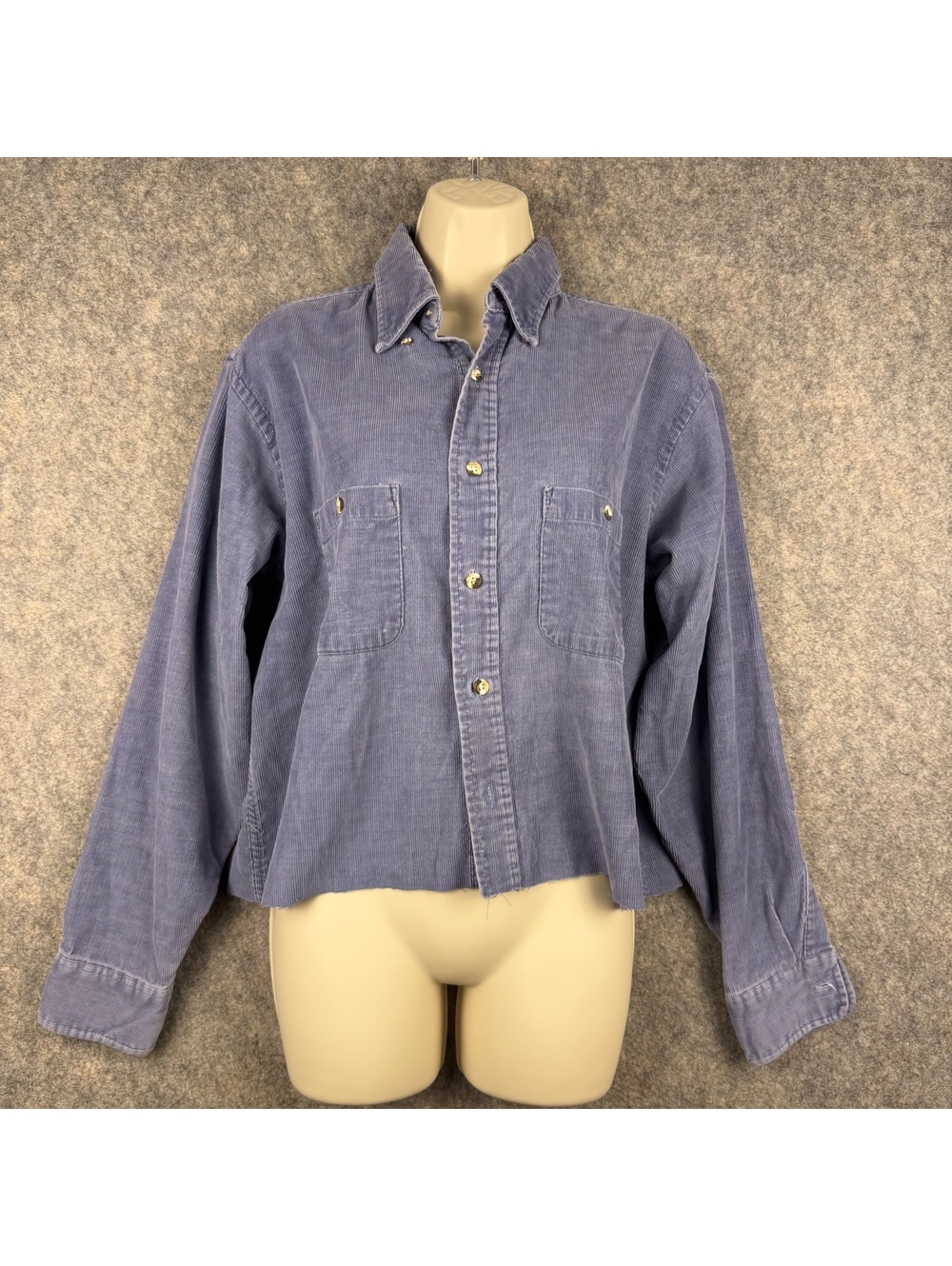 Fine wale Corduroy Button Down Cropped Raw Hem Shirt Blue Medium ? Large ? 897